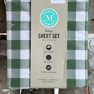 Martha Stewart King Size MADISON GINGHAM GREEN 100% Cotton Percale Sheet Set